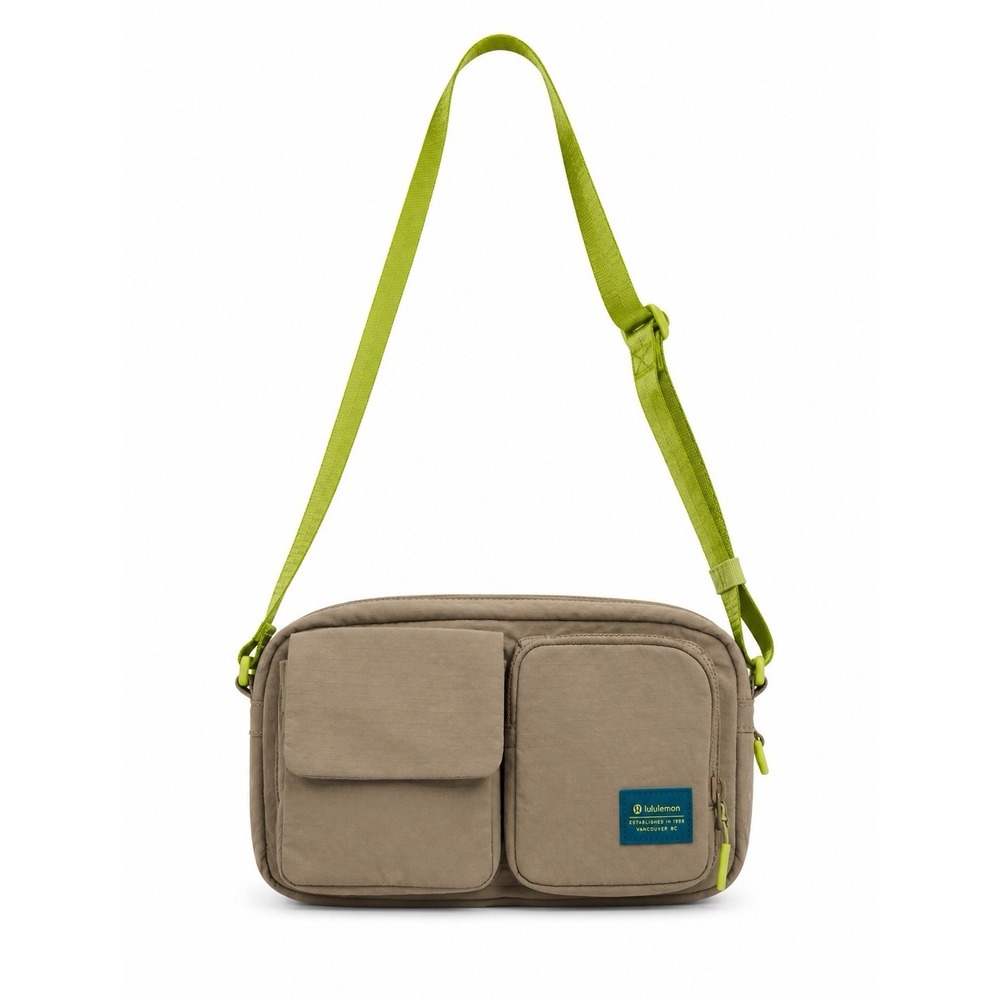 Lululemon Utility Crossbody Bag Taupe Beige Lime Green Multi Pocket Travel bag